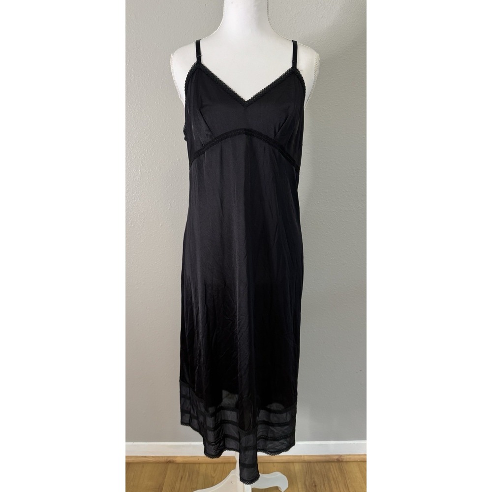 Vintage 70s Lorraine Black Nylon Slip Dress Lace Sheer Hem Lingerie Goth T-38